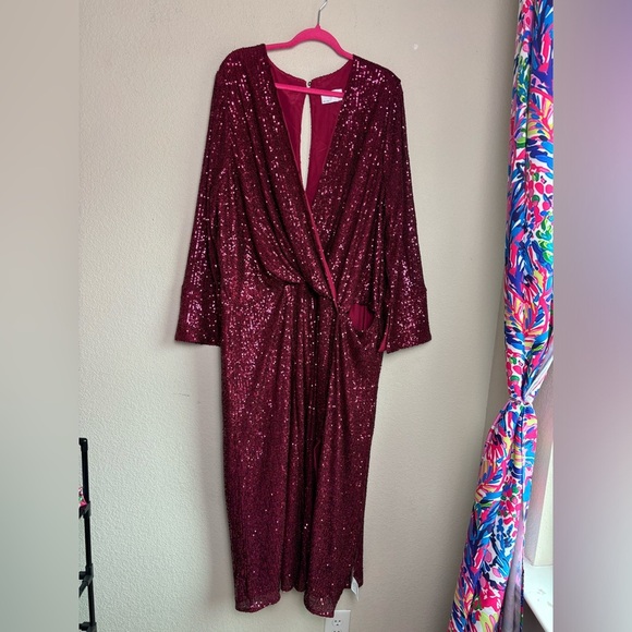 NWT ASOS Burgundy Red Sequin 3/4 Sleeve Wrap Midi Maxi Formal Cocktail Dress 22 - Picture 3 of 16